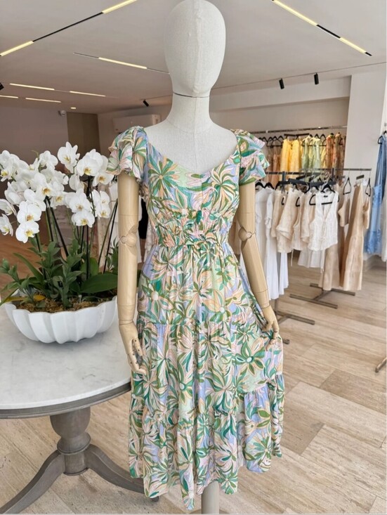 &merci Dresses & Skirts - NWT &merci v neck flutter sleeve pastel floral tiered skirt cutout smock back S